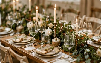 A candlelit gathering table