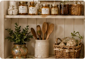 A warm pantry shelf vignette